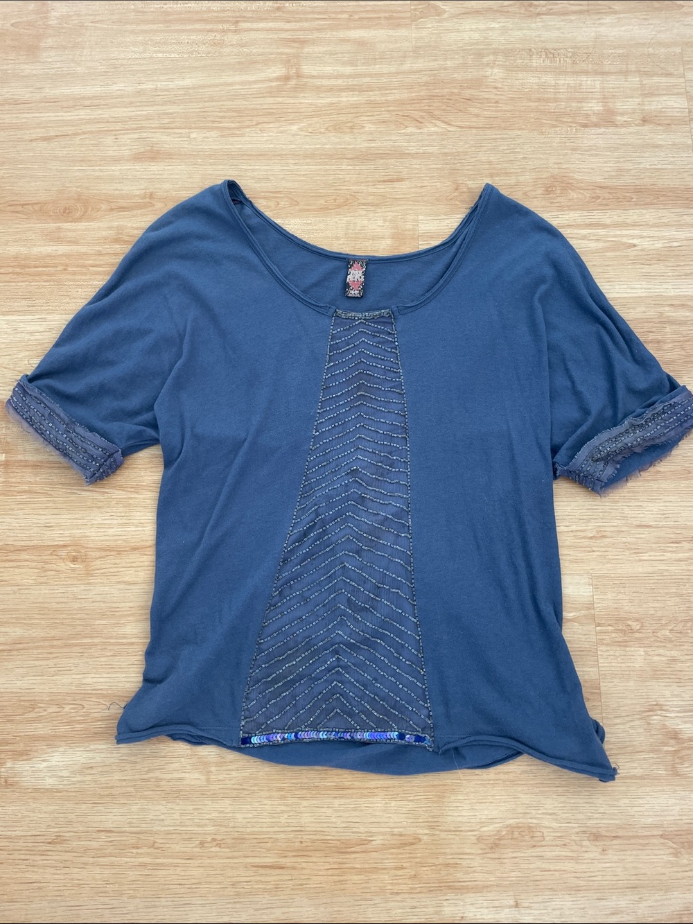 Free People Slate Blue Blouse with Sheer Accents
